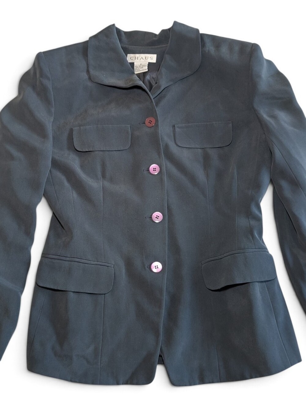 Vintage Chaus 100% Silk Safari Blazer 10 Charcoal Grey Office Siren Jacket 90s